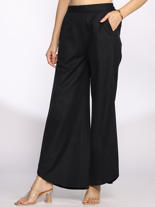 Black Cotton Curved Palazzos