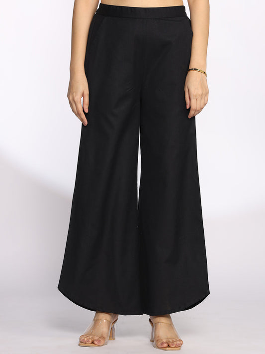 Black Cotton Curved Palazzos