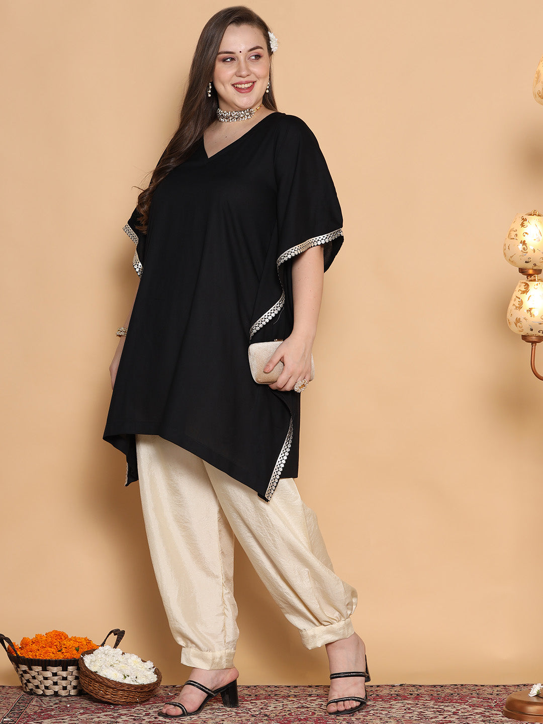 Black Rayon Embellished Kaftan Kurta