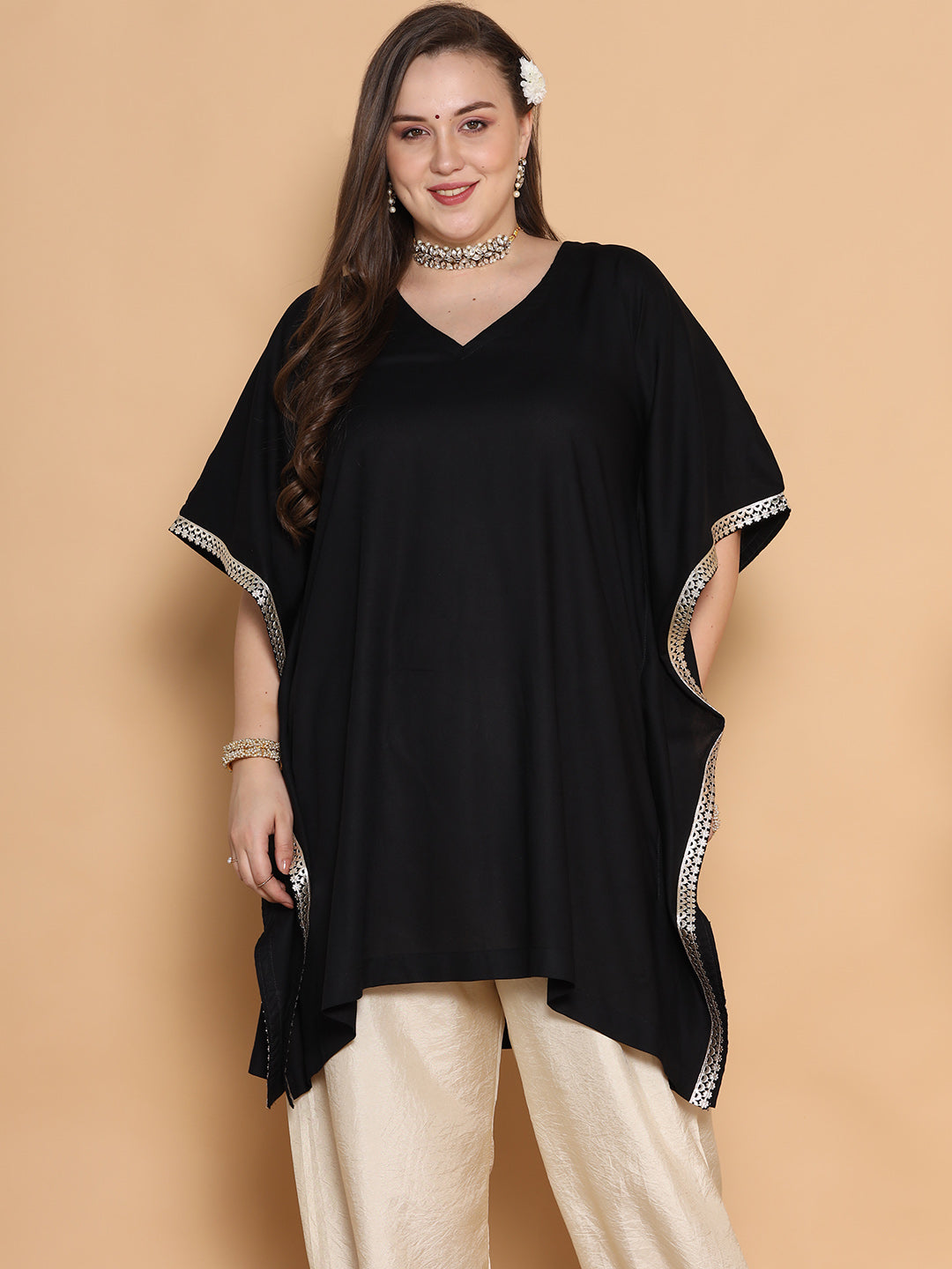 Black Rayon Embellished Kaftan Kurta