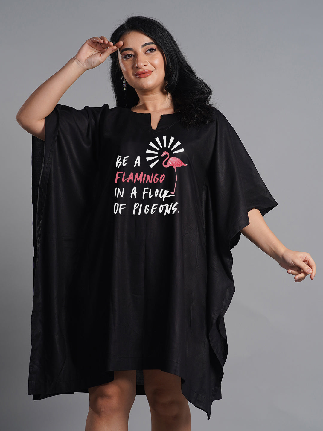 Black Rayon Kaftan - Flamingo
