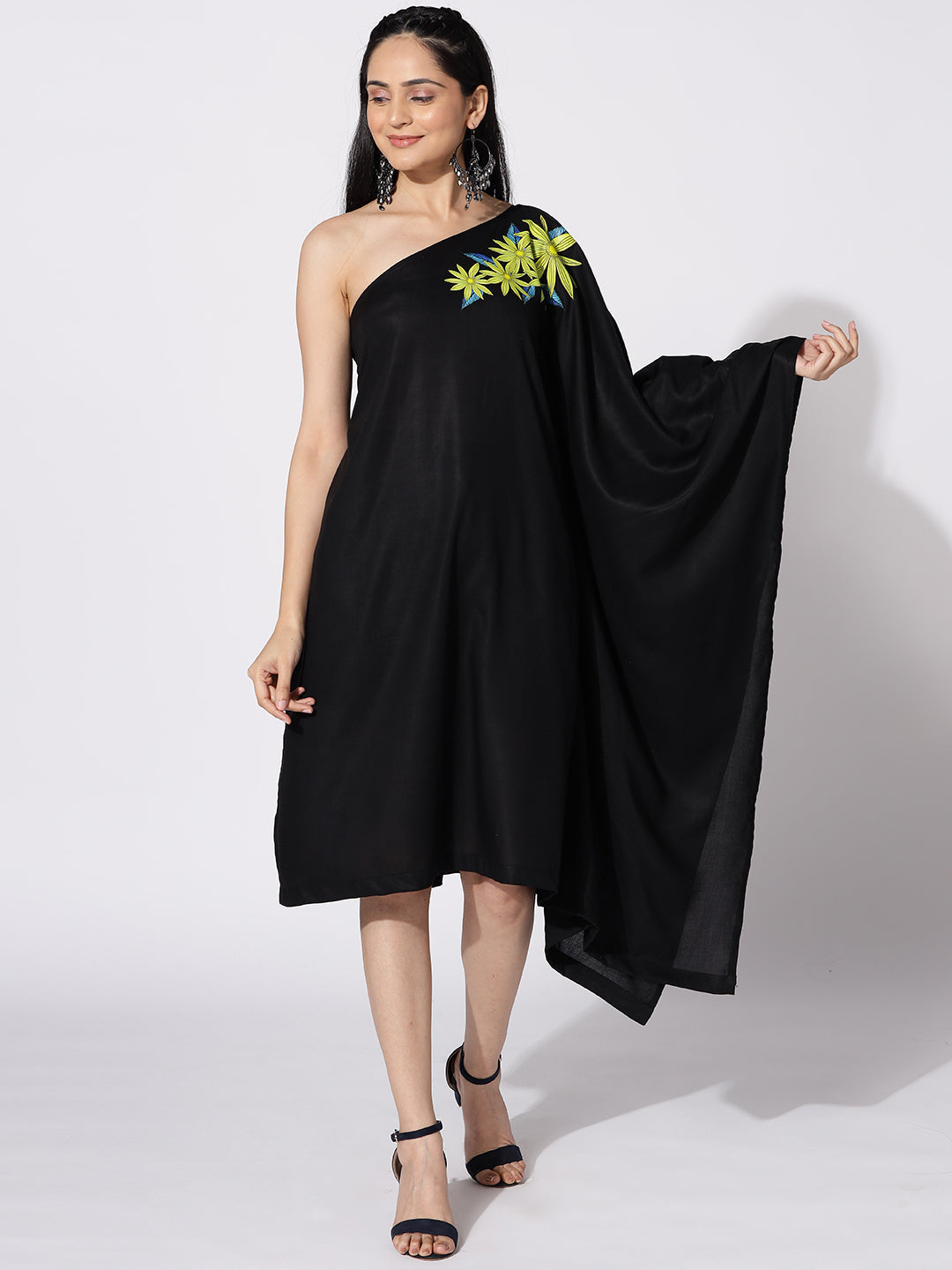 Black Rayon OneShoulder Dress - Soleil