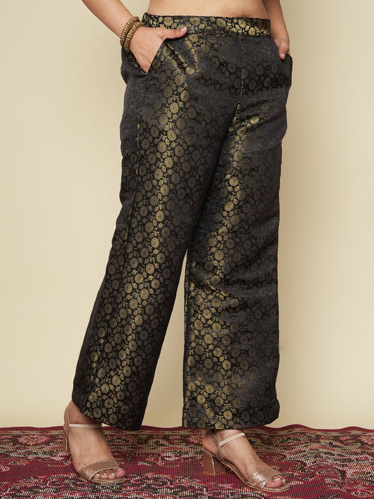 Black Floral Brocade Palazzo Pants