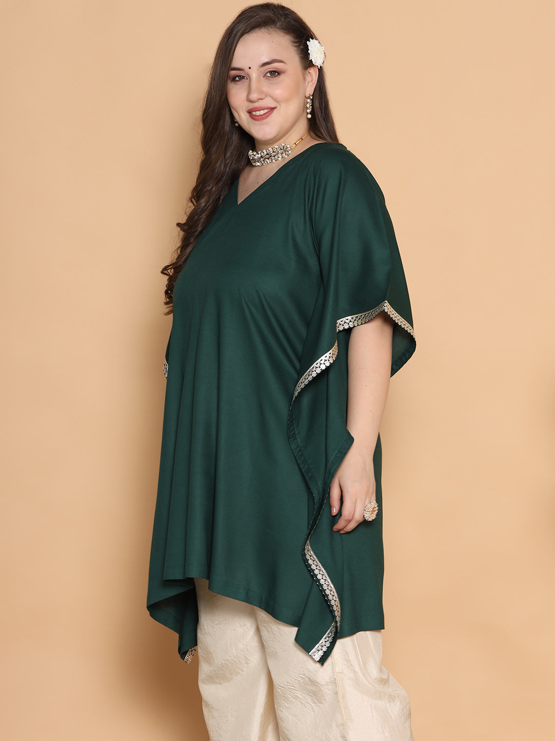 BottleGreen Rayon Embellished Kaftan Kurta