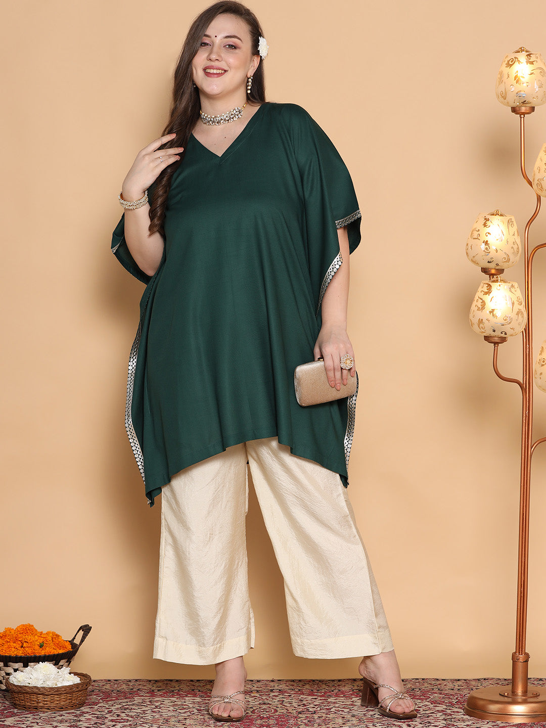 BottleGreen Rayon Embellished Kaftan Kurta