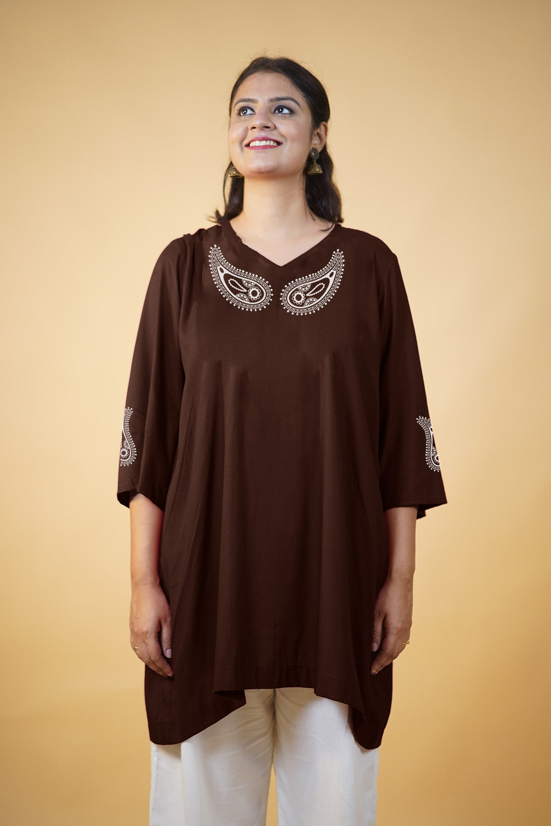 Fit & Flare Coffee Embroidered Rayon Top