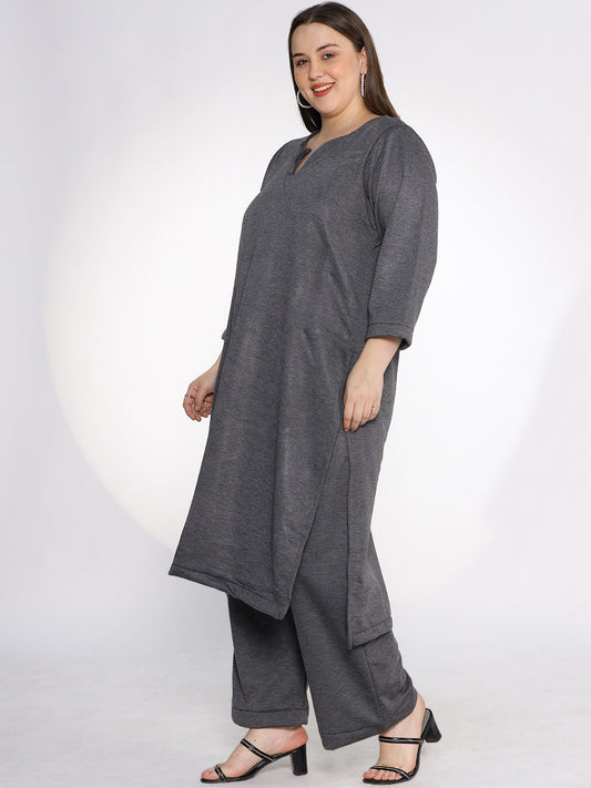 Grey Fleece LongKurta - Solid
