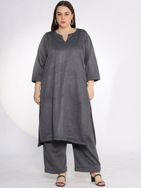Grey Fleece LongKurta - Solid