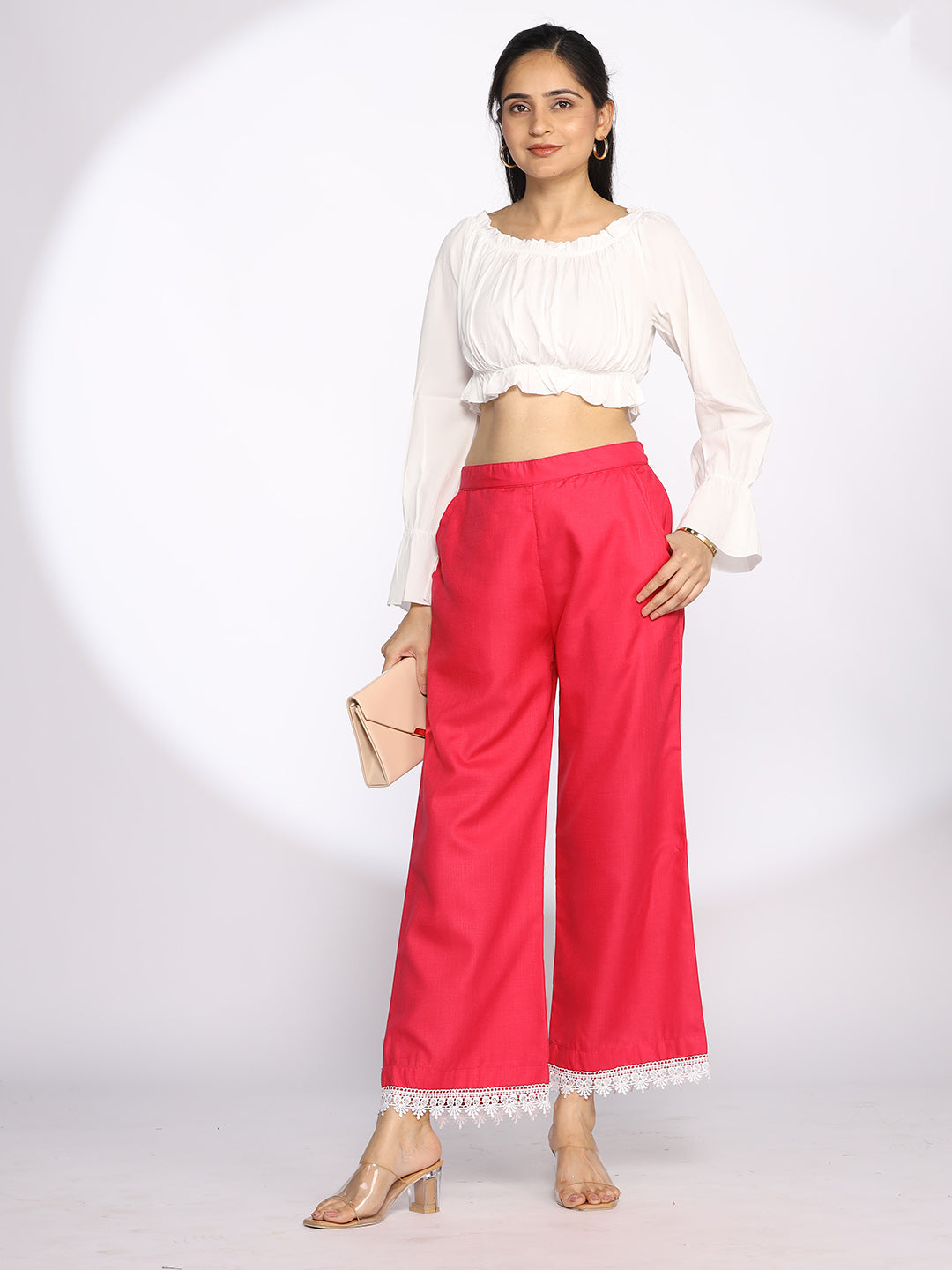 Magenta CottonSlub Laced Palazzo