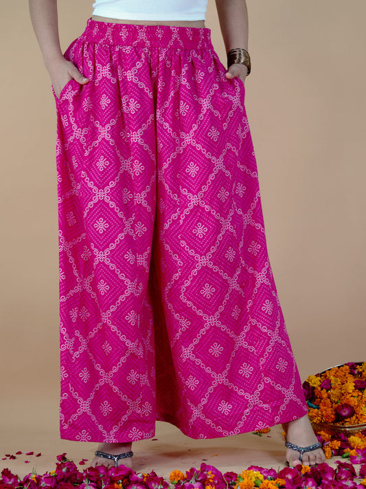Printed Cotton Flared Palazzo - PinkBandhani