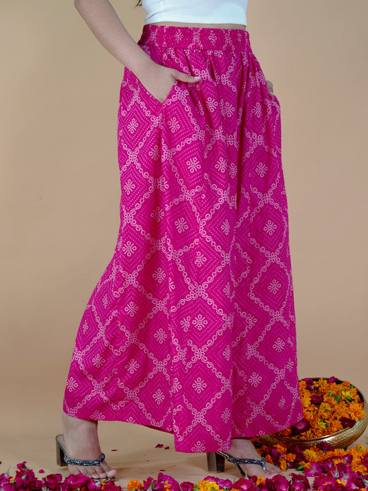 Printed Cotton Flared Palazzo - PinkBandhani