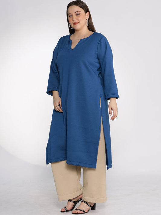 MarineBlue Fleece LongKurta - Solid