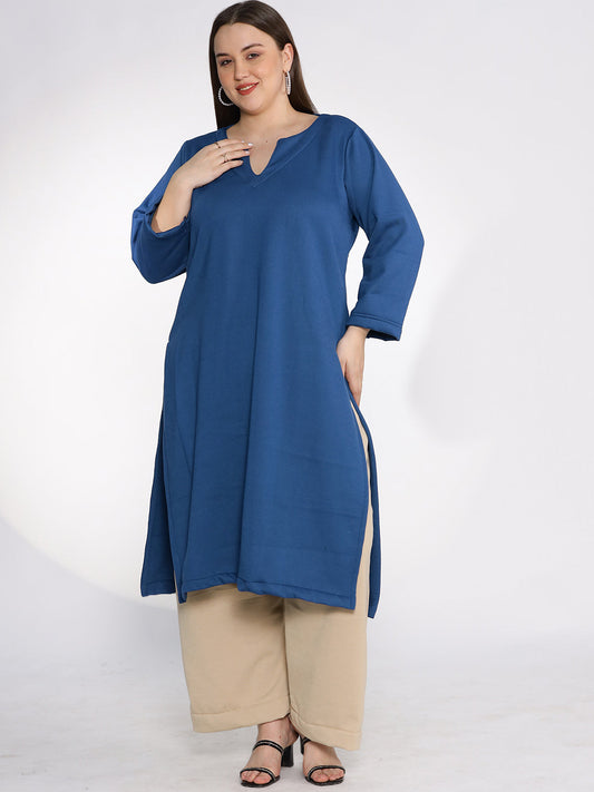 MarineBlue Fleece LongKurta - Solid