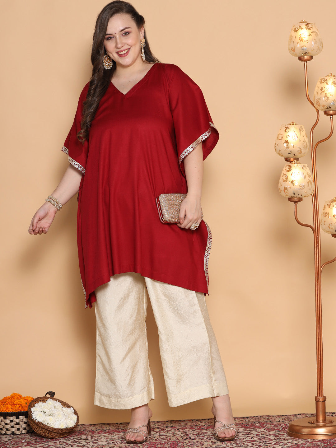 Maroon Rayon Embellished Kaftan Kurta