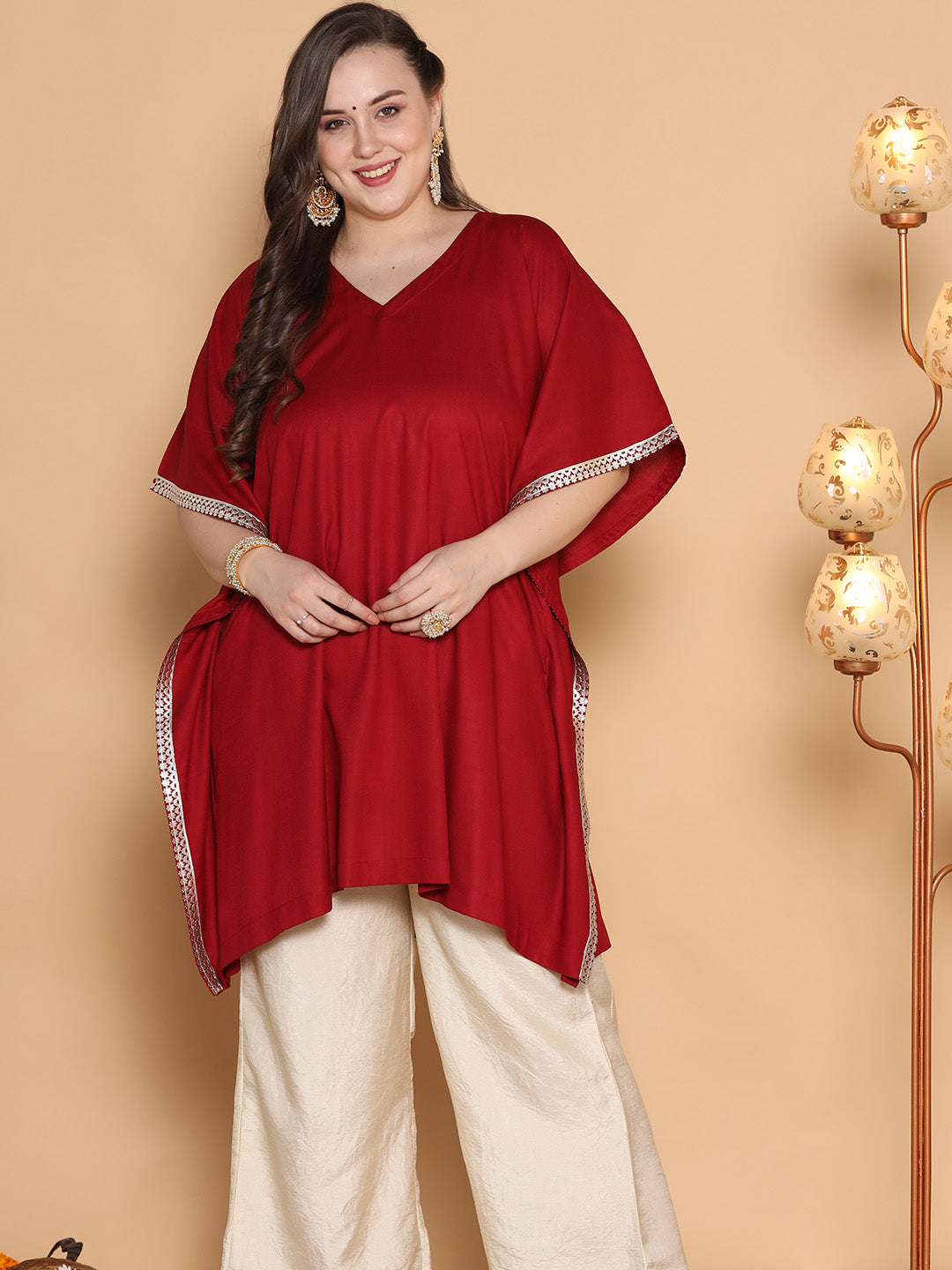 Maroon Rayon Embellished Kaftan Kurta