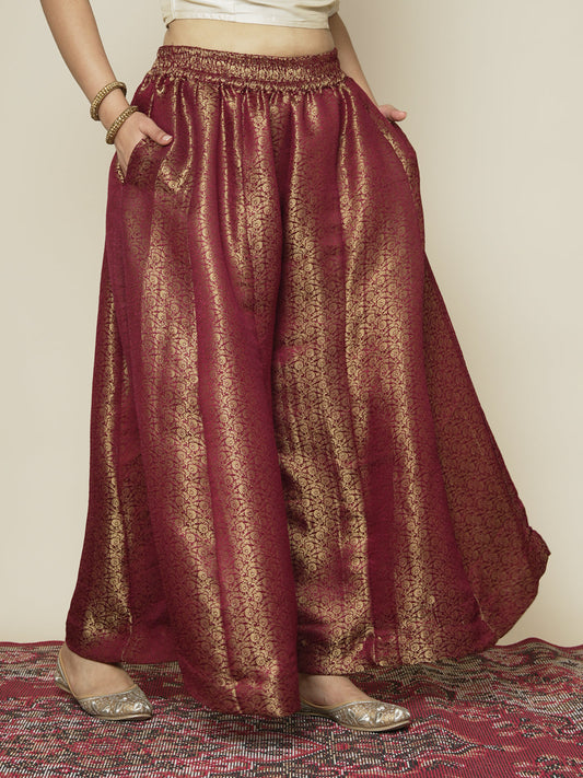 Maroon Floral Brocade Flared Palazzo