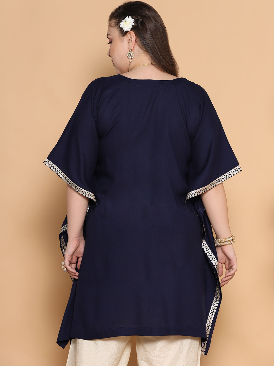 Navy Rayon Embellished Kaftan Kurta