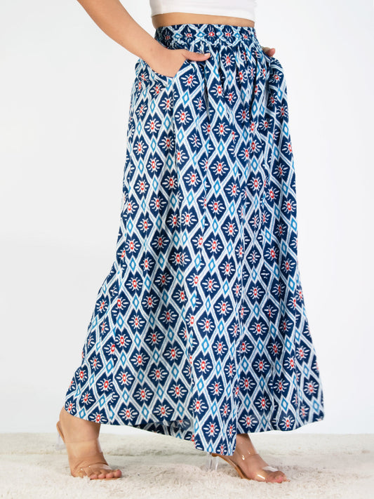 Printed Cotton Flared Palazzo - BlueStencil