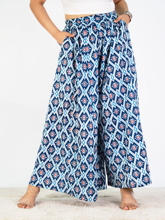 Printed Cotton Flared Palazzo - BlueStencil