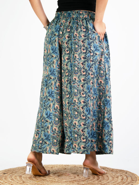 Printed Cotton Flared Palazzo - GreenKantha