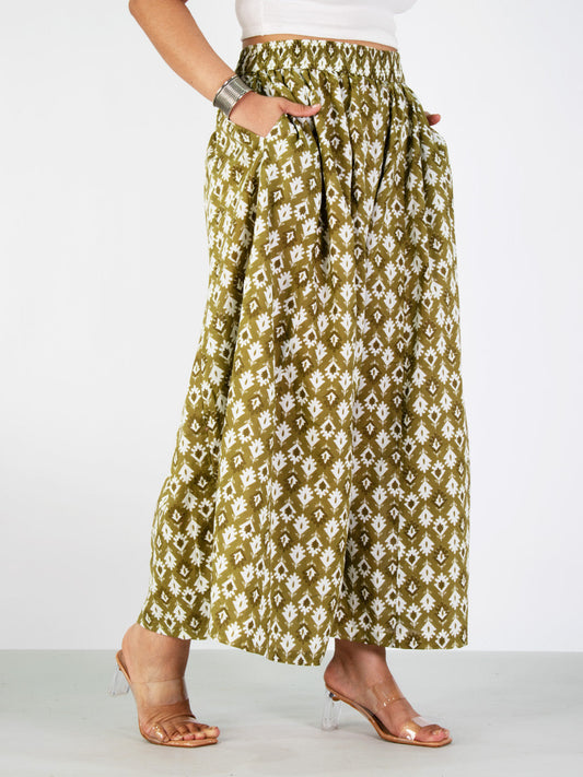 Printed Cotton Flared Palazzo - GreenPine