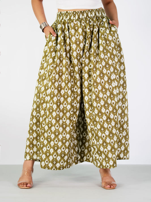 Printed Cotton Flared Palazzo - GreenPine