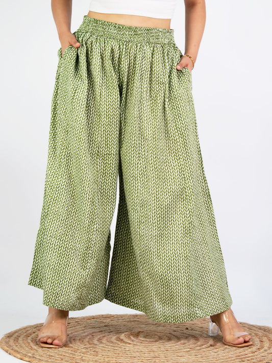 Printed Cotton Flared Palazzo - GreenPrism