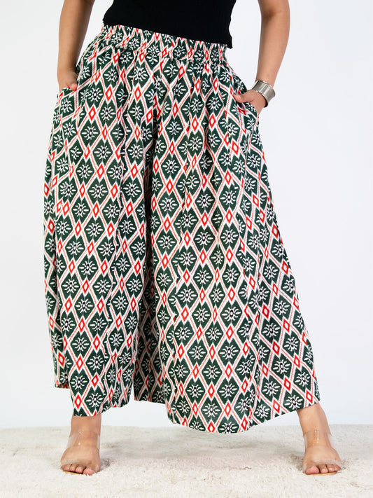 Printed Cotton Flared Palazzo - GreenStencil