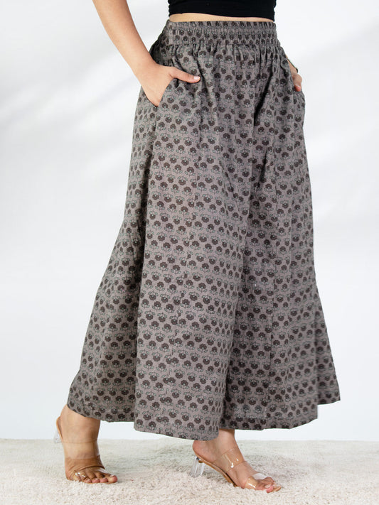 Printed Cotton Flared Palazzo - GreyPetals
