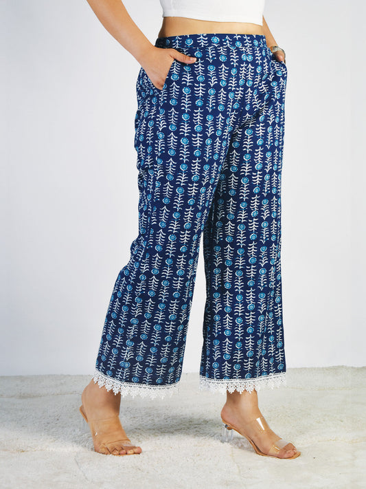 Printed Cotton Laced Palazzo Pants - Neelima