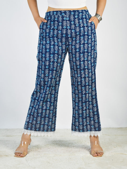 Printed Cotton Laced Palazzo Pants - Neelima