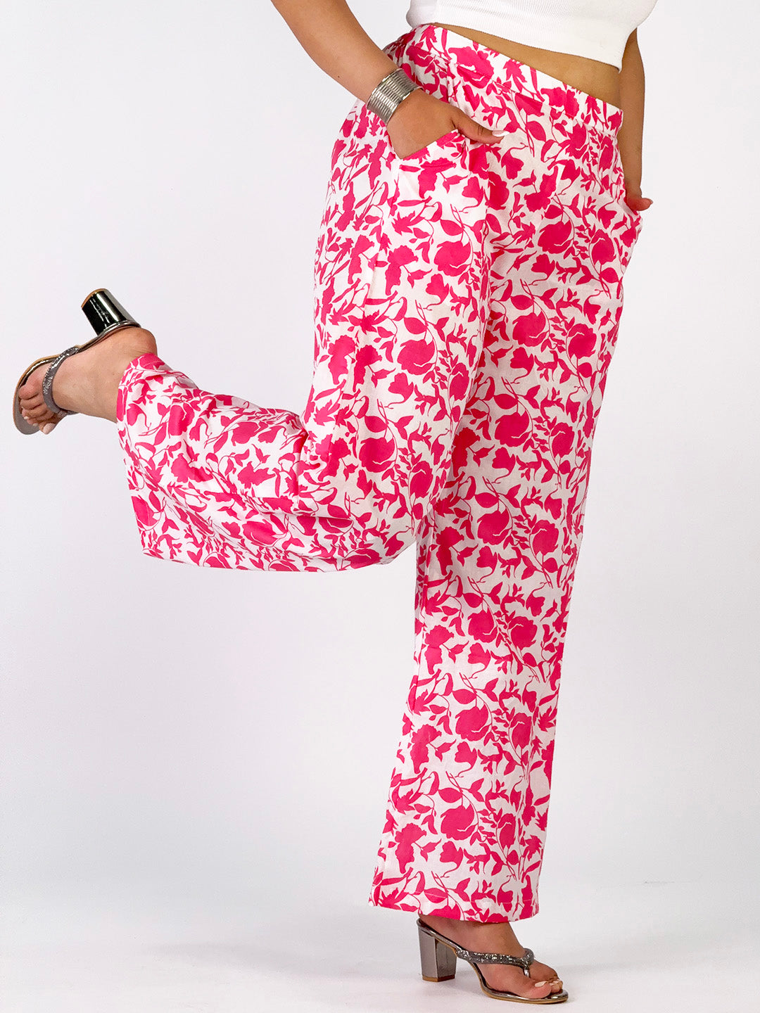 Printed CottonSlub Palazzo Pants - CoralBloom