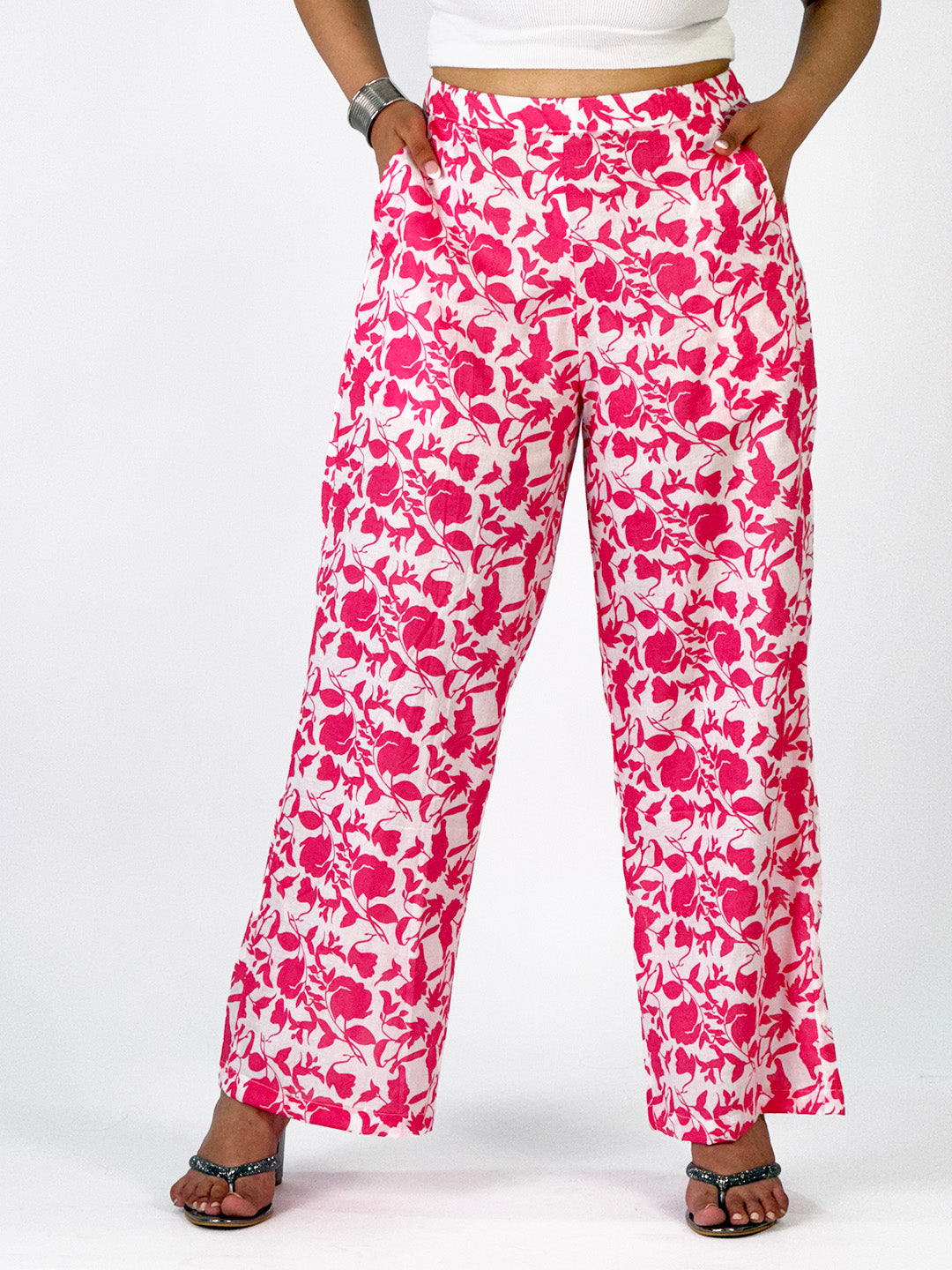 Printed CottonSlub Palazzo Pants - CoralBloom