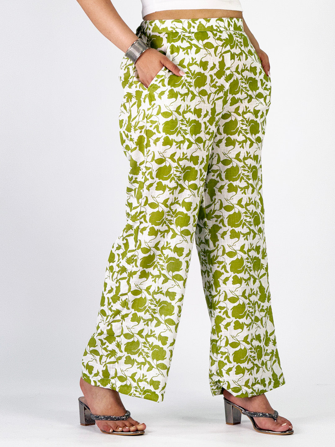Printed CottonSlub Palazzo Pants - SageBloom