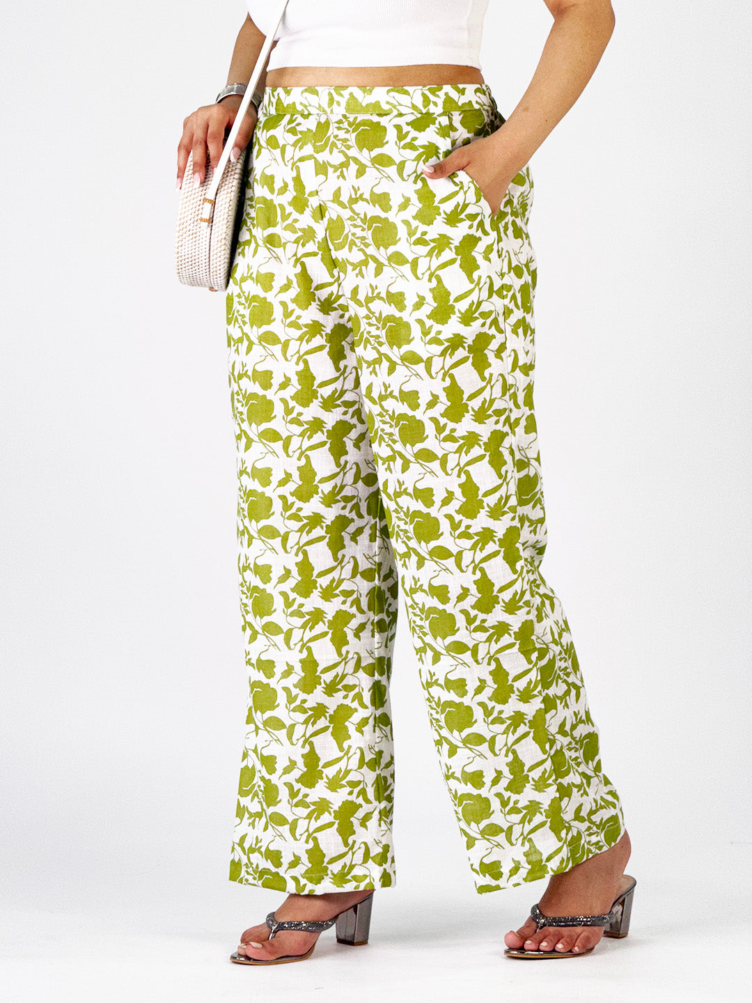 Printed CottonSlub Palazzo Pants - SageBloom