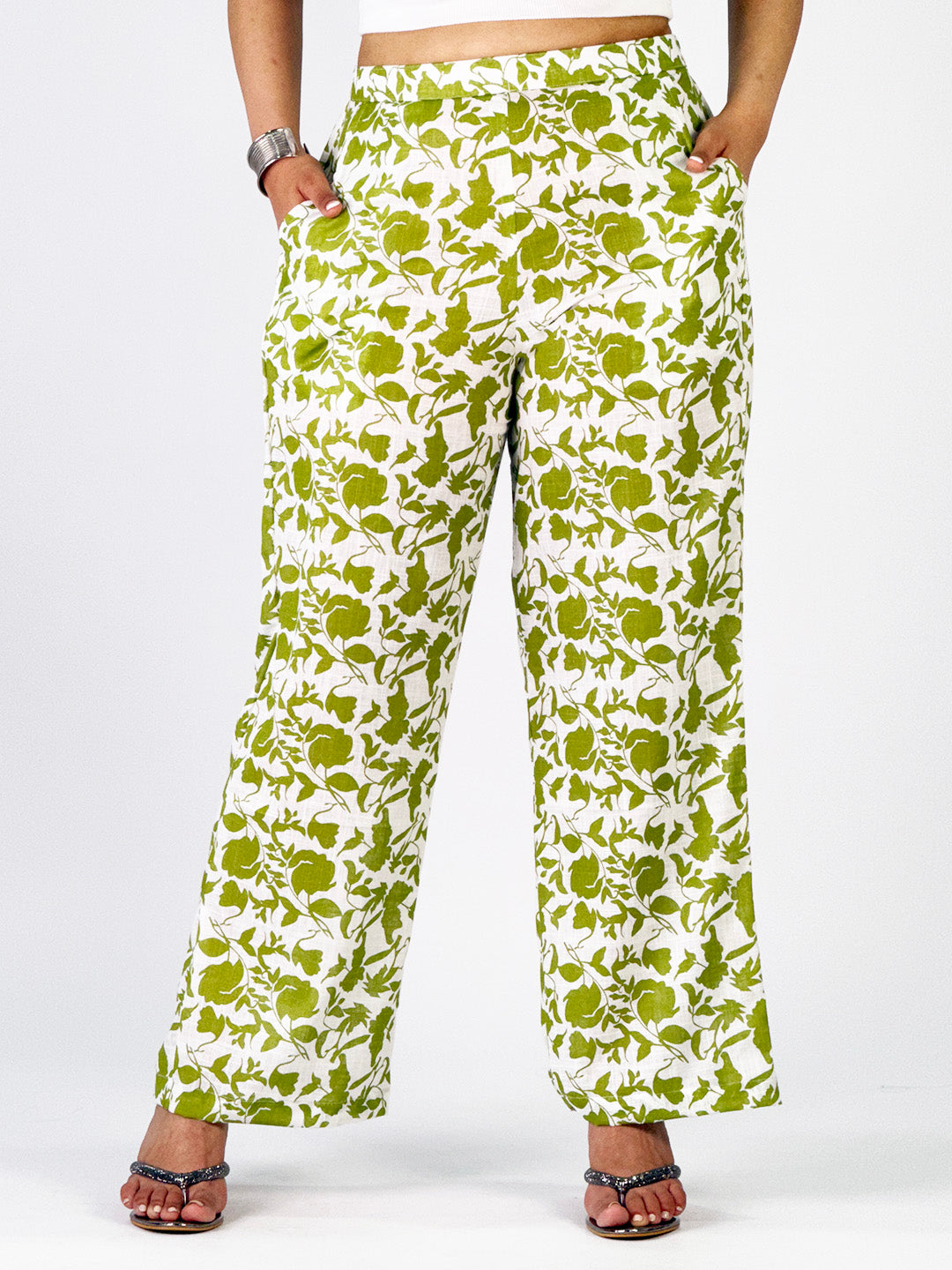 Printed CottonSlub Palazzo Pants - SageBloom