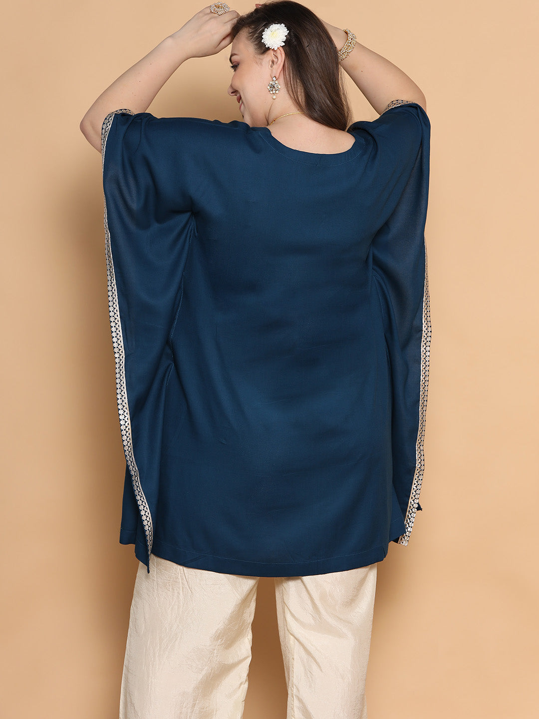 Teal Rayon Embellished Kaftan Kurta