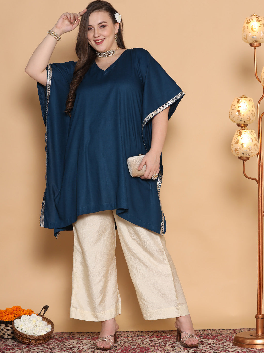 Teal Rayon Embellished Kaftan Kurta