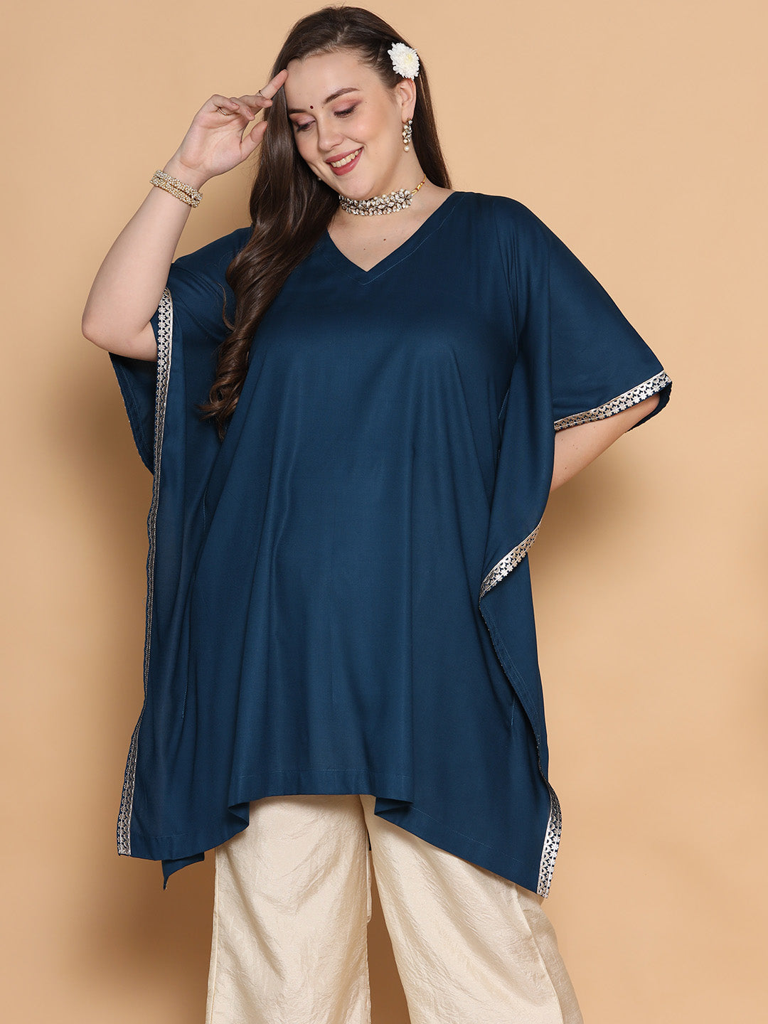 Teal Rayon Embellished Kaftan Kurta