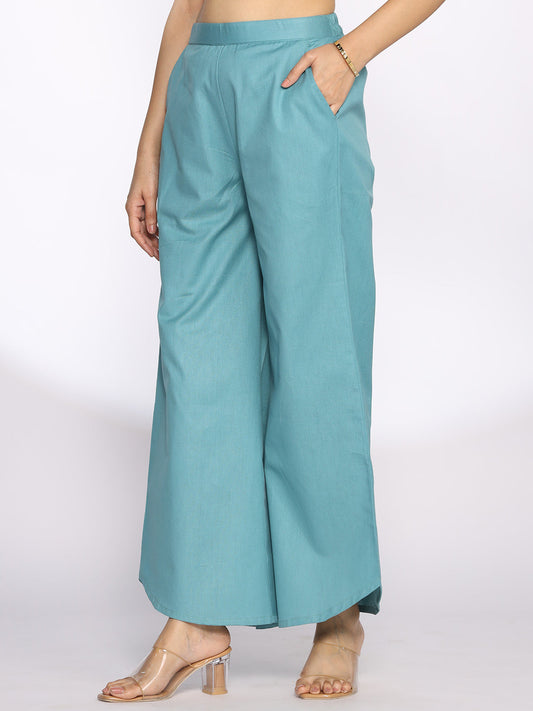 Turquoise Cotton Curved Palazzos