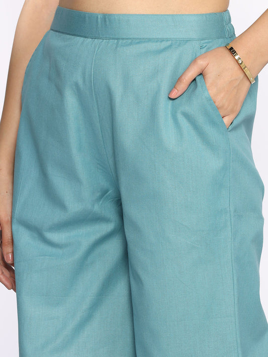 Turquoise Cotton Curved Palazzos