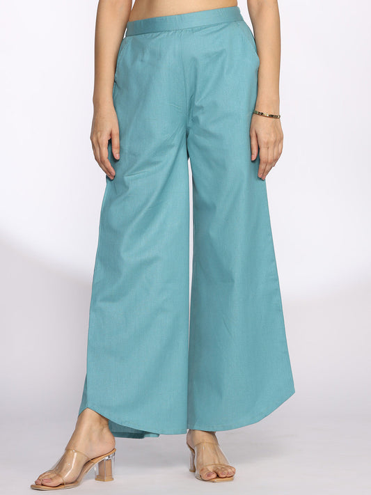 Turquoise Cotton Curved Palazzos