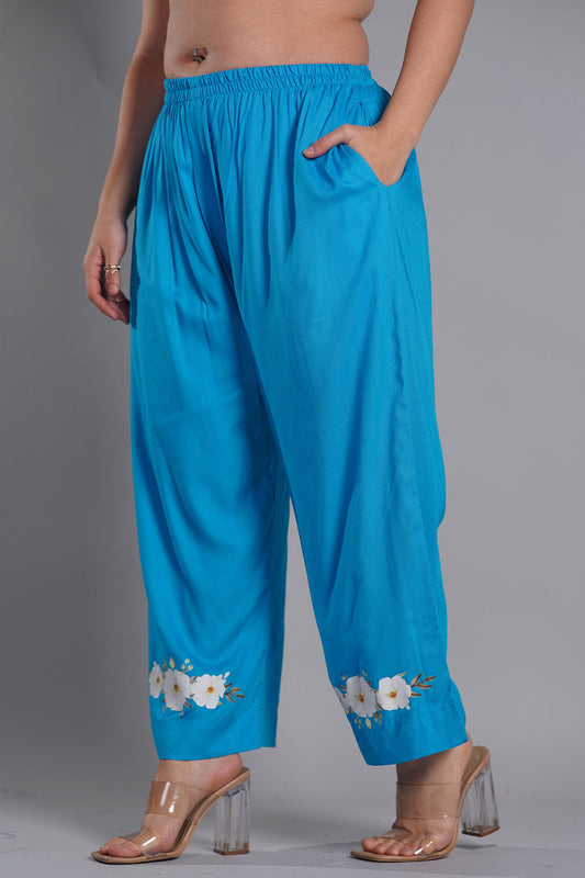 Turquoise PrintedPalazzoPants - FloralOasis