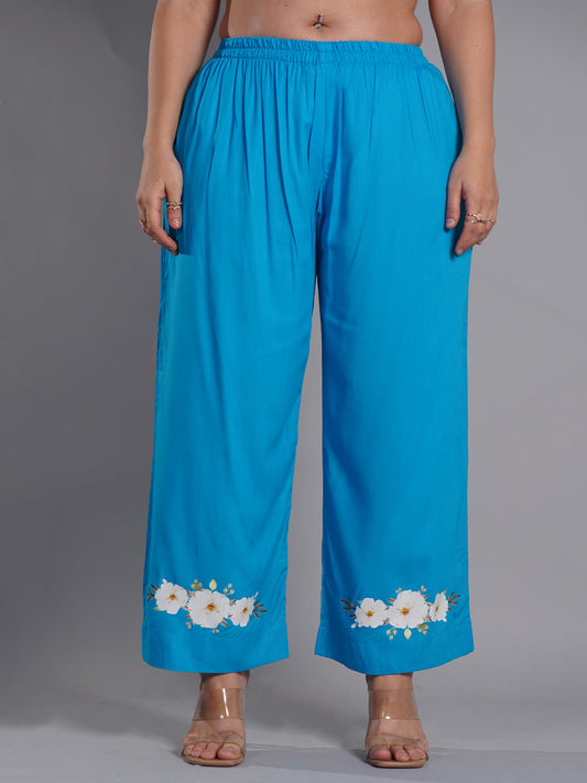 Turquoise PrintedPalazzoPants - FloralOasis