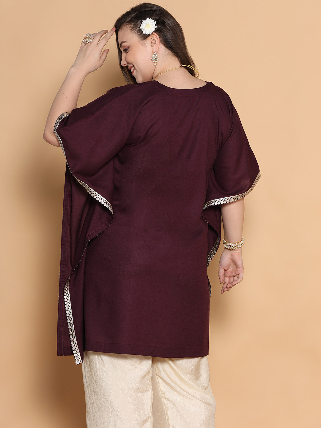 Wine Rayon Embellished Kaftan Kurta