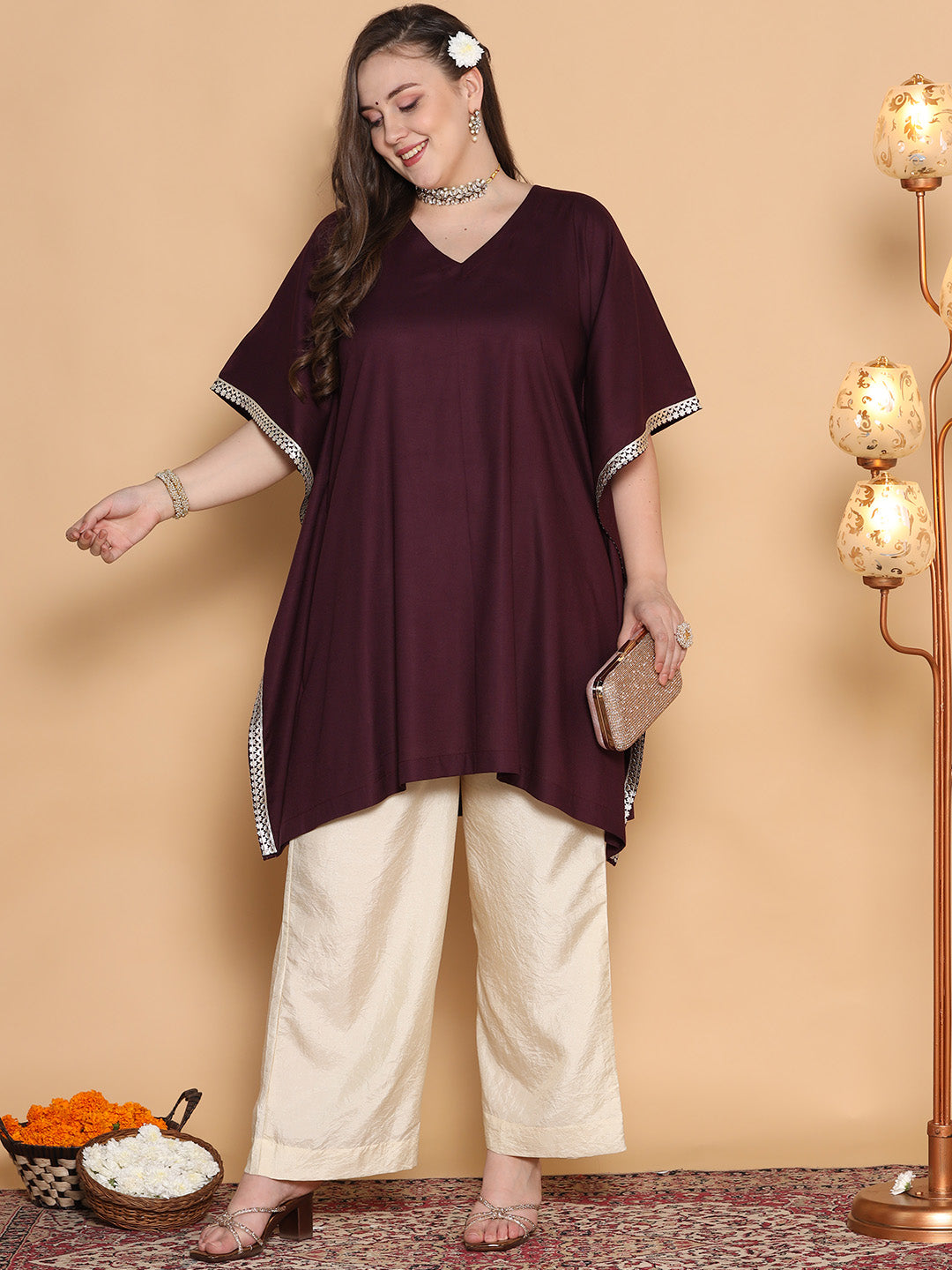 Wine Rayon Embellished Kaftan Kurta