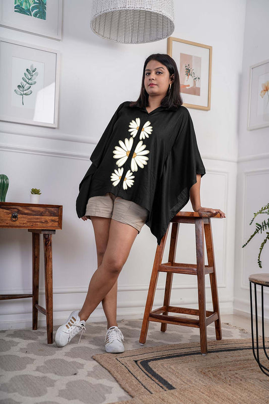 Black Kaftan Top - Floral Flair