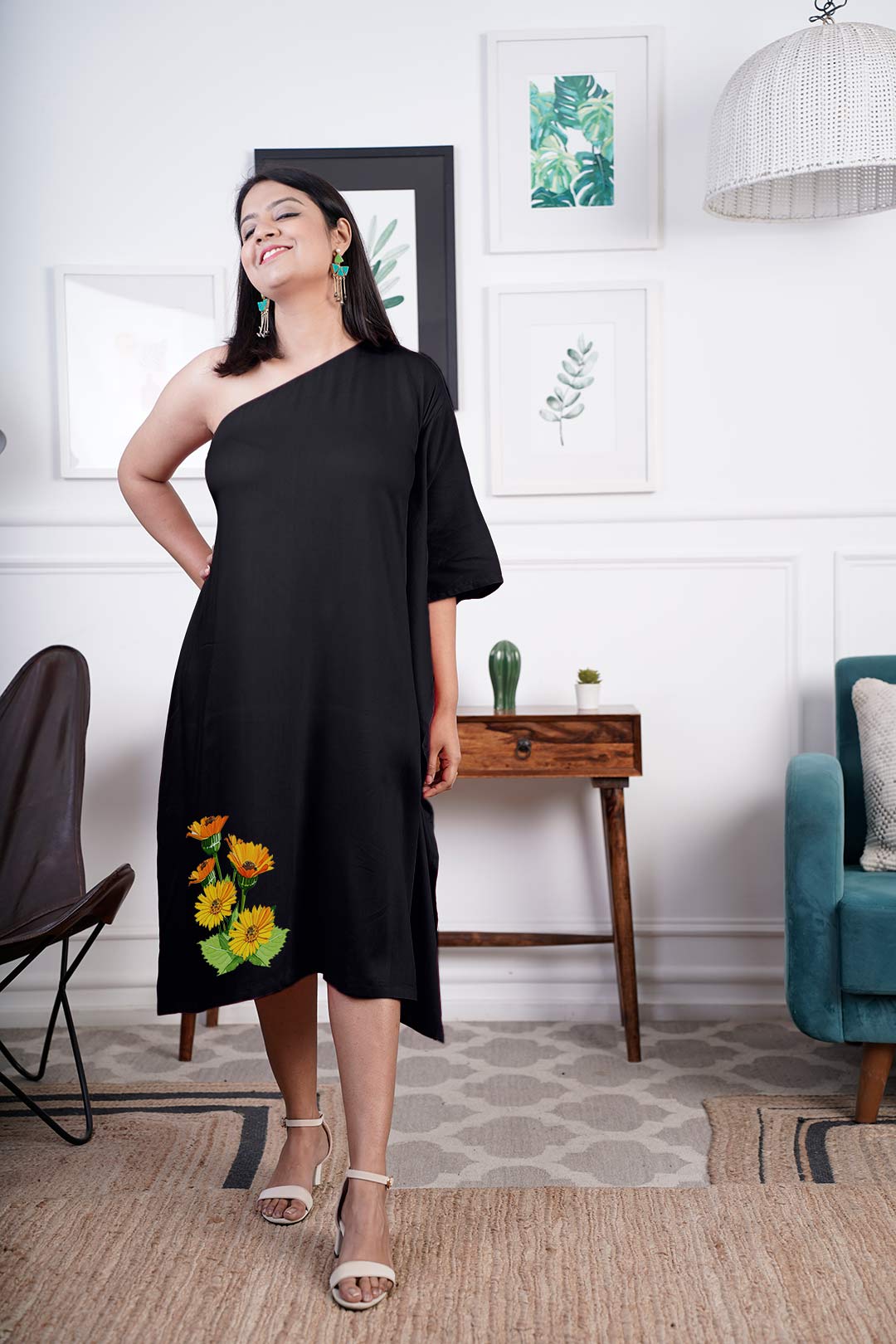 Black Rayon OneShoulder Dress - Marigold
