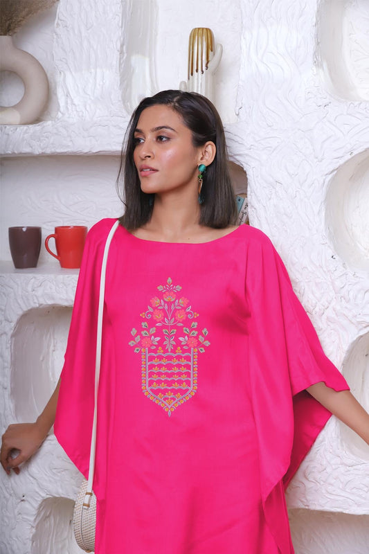 Magenta Rayon Kaftan - Mughal Print | XS to 8XL | Plus Size Clothing for women | LetsDressUp