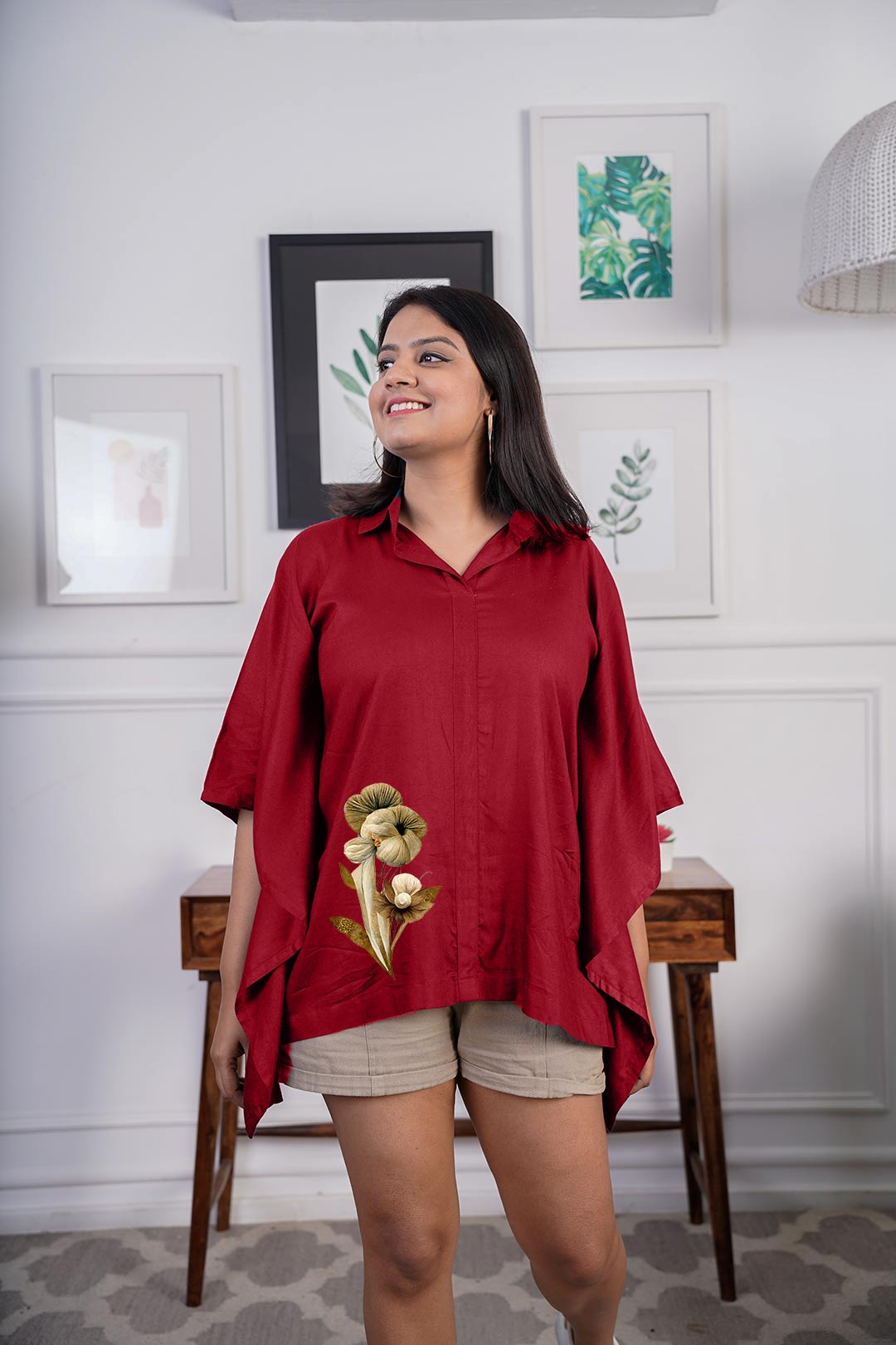 Goa Floral Print Maroon Plus Size Shirt - Plus Size Garments